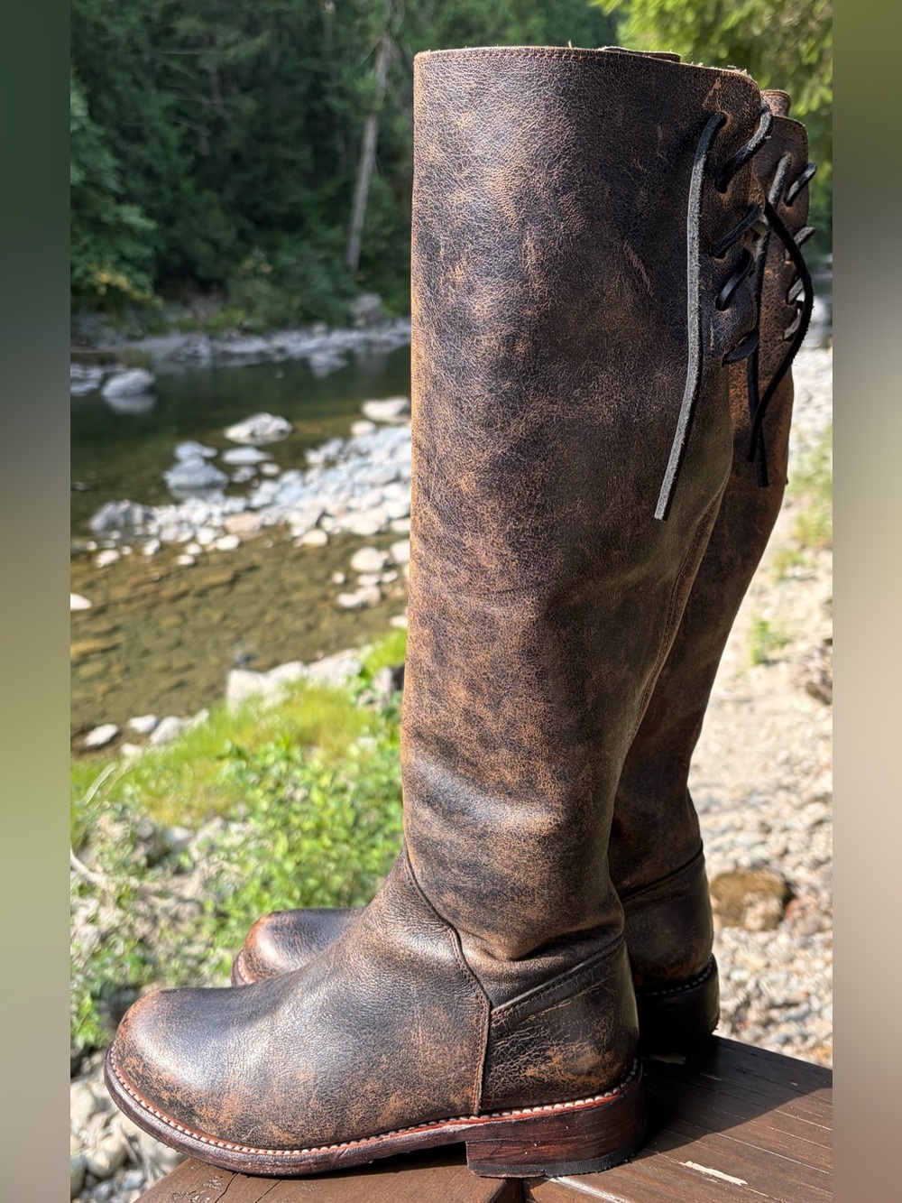 Bed Stu Manchester Tall Distressed Leather Back Lace Boots Brown 7.5